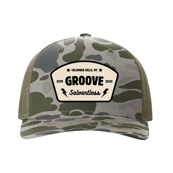 Groove Trapezoid Logo Hat - Richardson 5-Panel Snapback (112PFP) - Bark Duck Camo